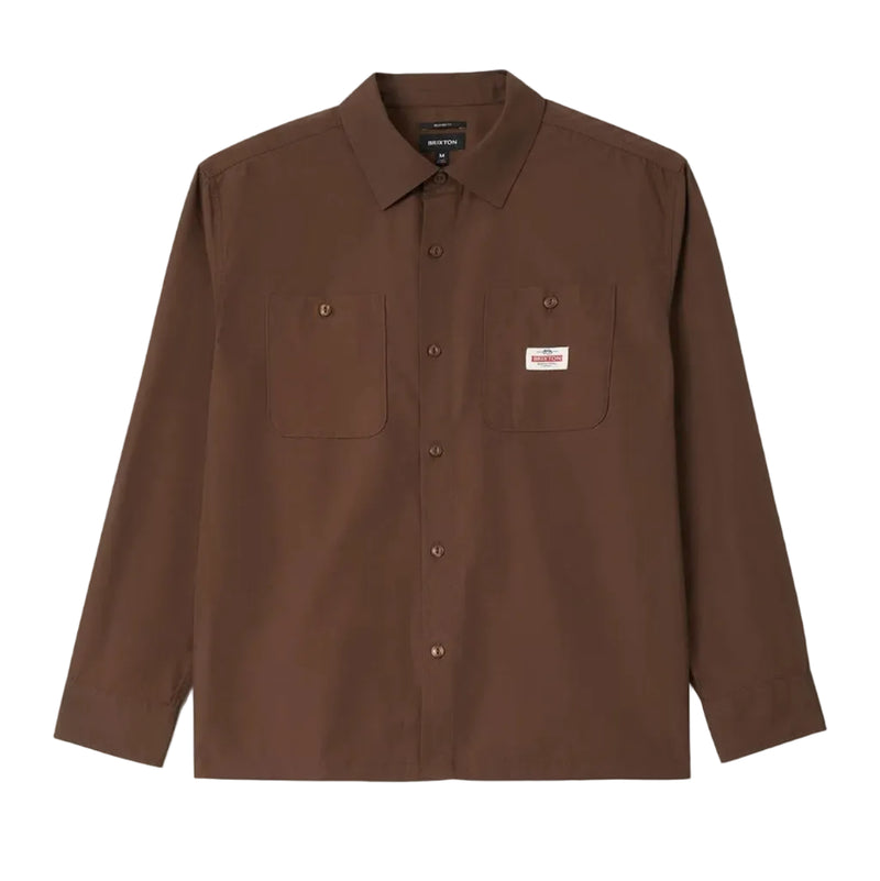 Load image into Gallery viewer, Dark Brown Long sleeve Briston Shirt with a button front closure, collared neckline, and two front chest pockets
