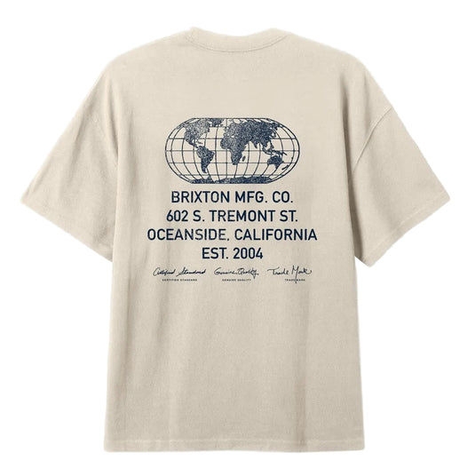 Beige t-shirt with Brixton logo and text on a white background