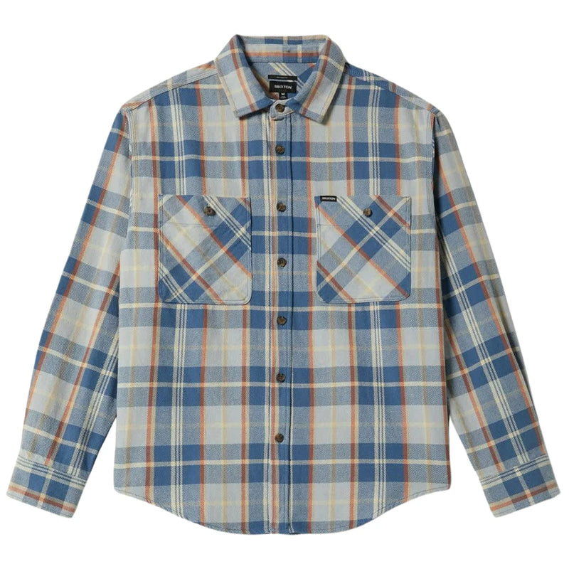 Load image into Gallery viewer, A long-sleeve button-up flannel shirt with a blue, beige, and orange plaid pattern, featuring two chest pockets and a button-down front.
