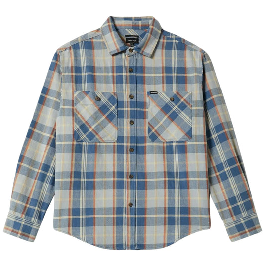 A long-sleeve button-up flannel shirt with a blue, beige, and orange plaid pattern, featuring two chest pockets and a button-down front.