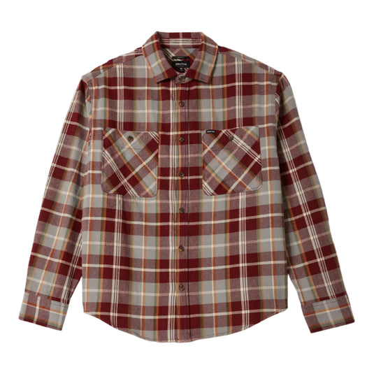 Plaid shirt with a pattern of red, brown, and beige on a white background