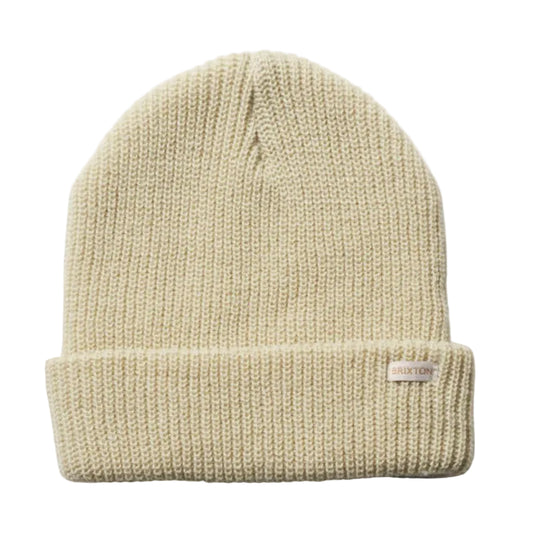 Beige knit beanie with a Brixton label on a white background