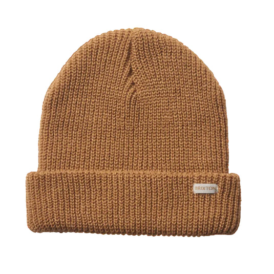 Brown knit beanie with a brand label on a white background