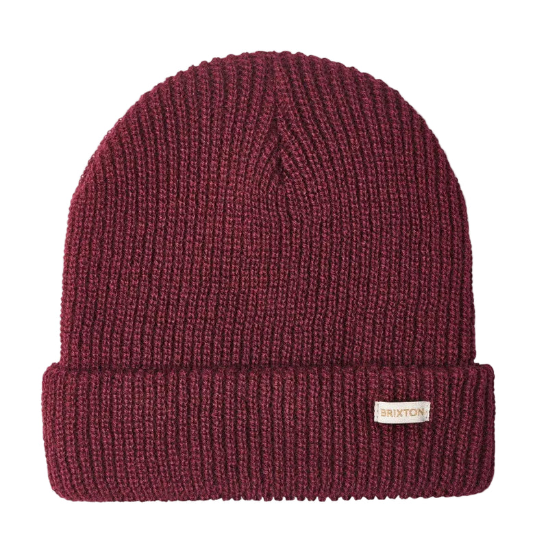 Load image into Gallery viewer, Maroon knit beanie with a Brixton logo on a white background
