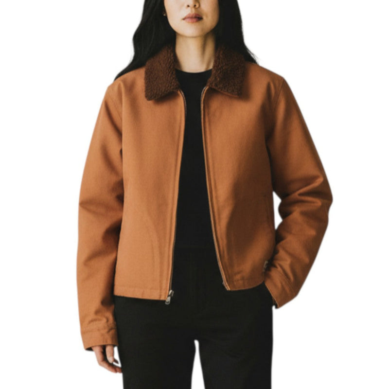 Load image into Gallery viewer, Person wearing a brown jacket with a fur collar on a white background
