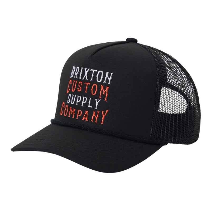 Load image into Gallery viewer, Black trucker cap with 'Brixton Custom Supply Company' embroidery
