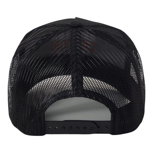 Black mesh cap with a black plastic adjustable strap