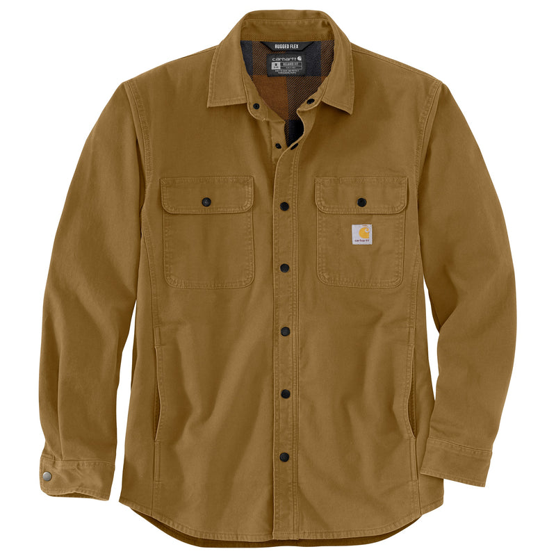 Load image into Gallery viewer, A flat image of the front of the Carhartt TJ5419 Fleece Lined Canvas Shirt Jac in a dark mustard brown color.  Printed flannel fleece lining.
