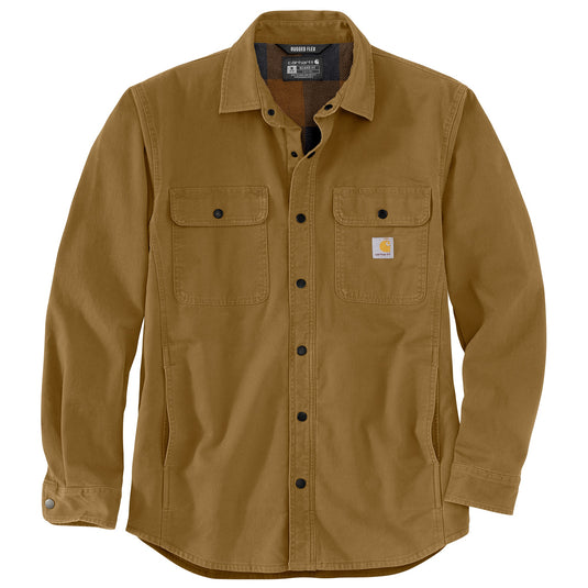 A flat image of the front of the Carhartt TJ5419 Fleece Lined Canvas Shirt Jac in a dark mustard brown color.  Printed flannel fleece lining.