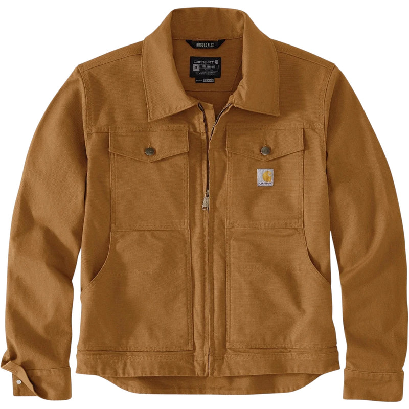 Load image into Gallery viewer, A Carhartt work jacket in a warm camel brown color, featuring a zippered front, two buttoned chest pockets, and a signature Carhartt logo patch on the left chest, displayed on a clean white background.
