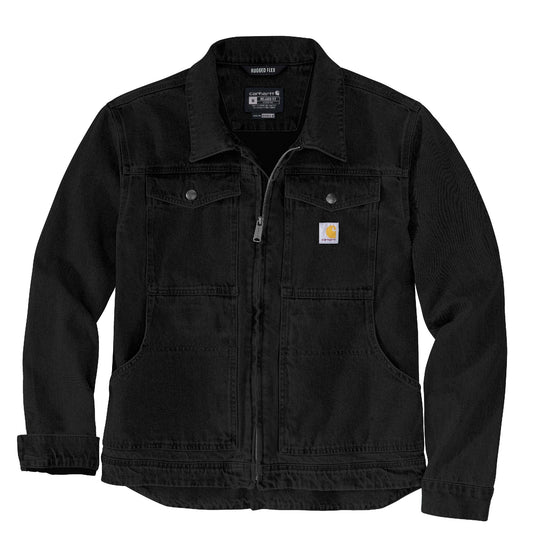 A black Carhartt work jacket with a full-zip front, button-flap chest pockets, and a signature yellow Carhartt logo patch on the left chest, shown against a plain white background.