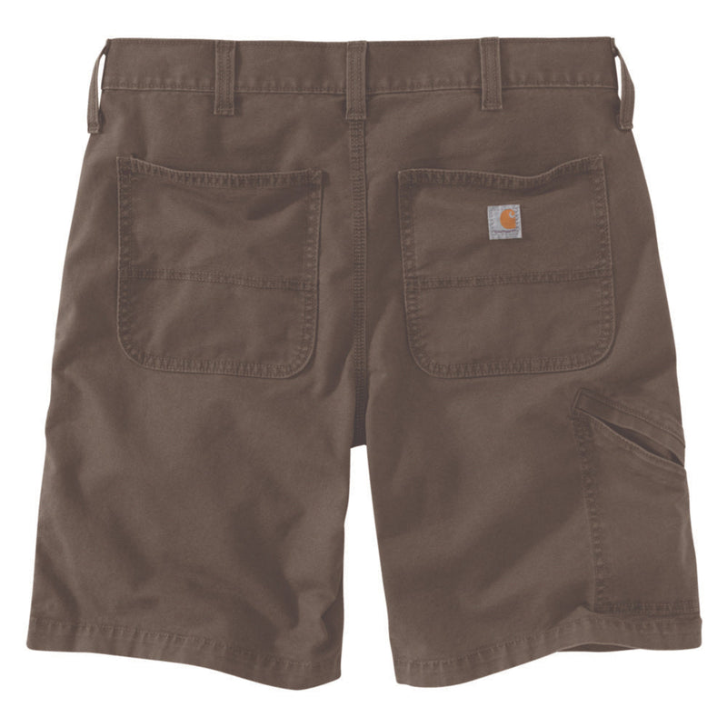 Load image into Gallery viewer, Dark Brown (Tarmac) shorts with a visible Carhartt brand logo on the right back pocket and a cell phone pocket for the right leg on a white background
