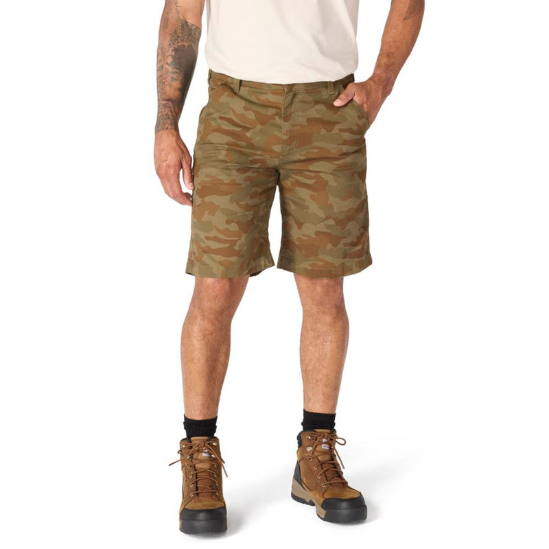 Load image into Gallery viewer, Male wearing Army Green Camo shorts on a white background
