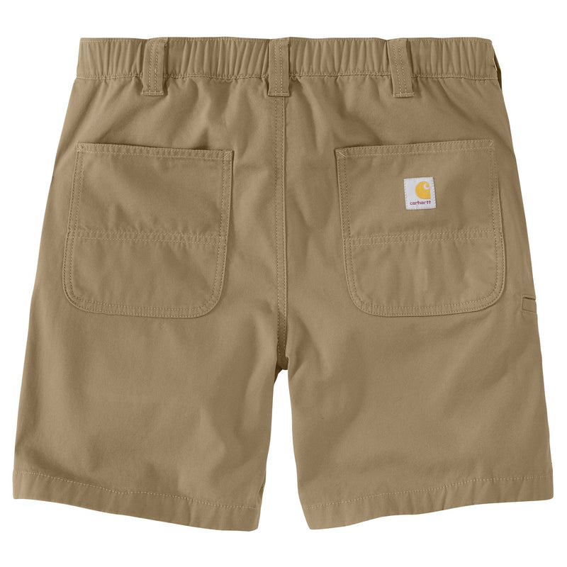 Load image into Gallery viewer, Khaki-colored Carhartt work shorts shown from the back, featuring two large patch pockets and the signature Carhartt logo patch on the right pocket.
