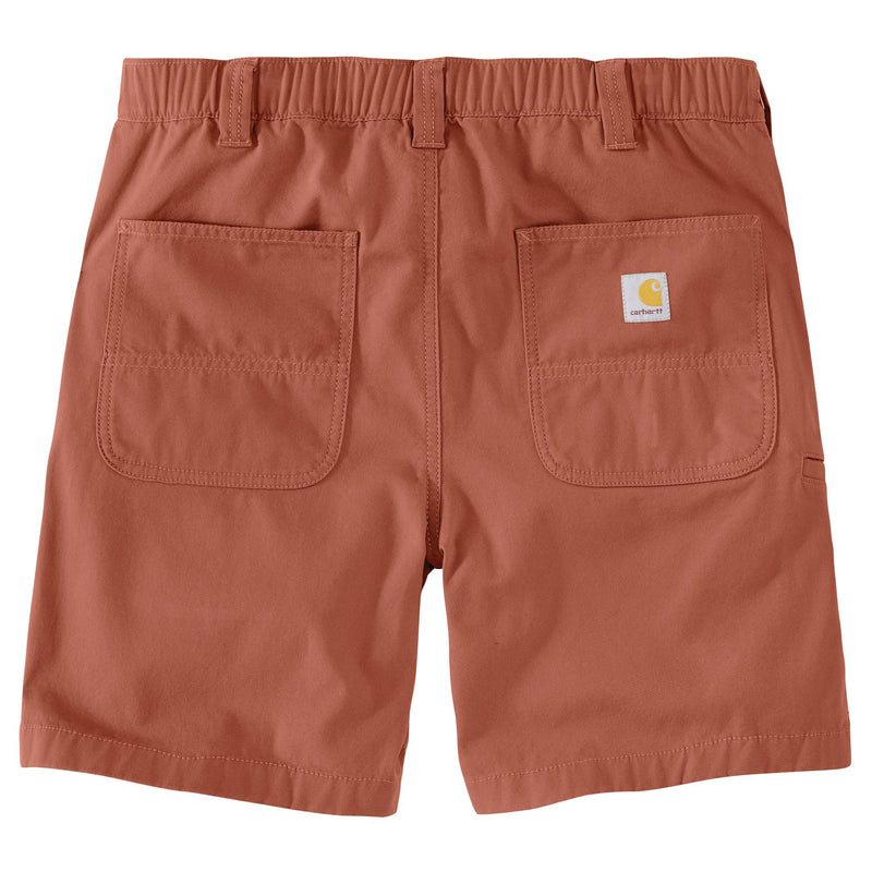 Load image into Gallery viewer, Rust-colored Carhartt work shorts shown from the back, featuring two large patch pockets and the signature Carhartt logo patch on the right pocket.
