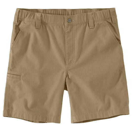 A pair of men's khaki cargo shorts with an elastic waistband, belt loops, a button closure, and a side cargo pocket, shown flat on a white background.