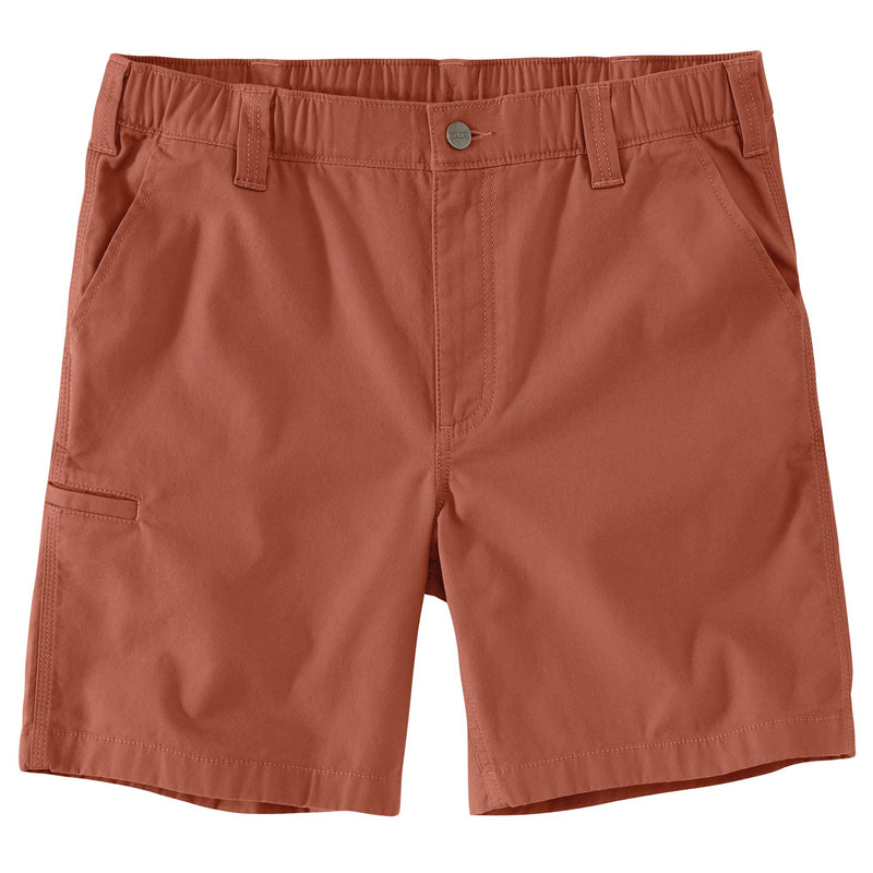 Load image into Gallery viewer, A pair of men's casual shorts in a warm terracotta or rust color, featuring an elastic waistband, belt loops, a button closure, and side cargo pockets, shown flat on a white background.
