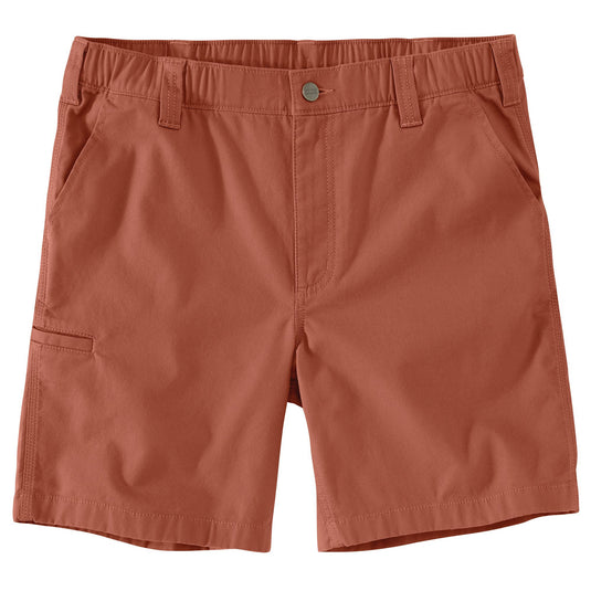 A pair of men's casual shorts in a warm terracotta or rust color, featuring an elastic waistband, belt loops, a button closure, and side cargo pockets, shown flat on a white background.