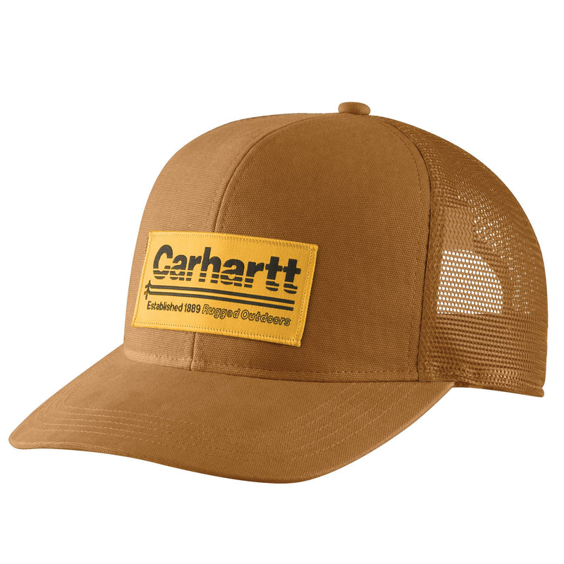 Load image into Gallery viewer, Brown Carhartt cap with a yellow logo and mesh trucker back.
