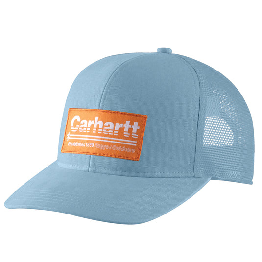 Light blue Carhartt cap with orange Carhartt logo and a mesh trucker back.