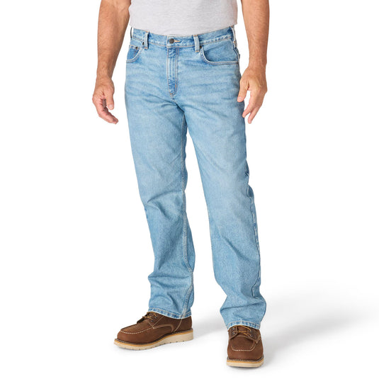 Light blue jeans worn by a person on a white background
