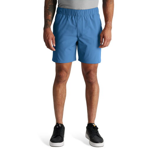Person wearing blue shorts on a white background