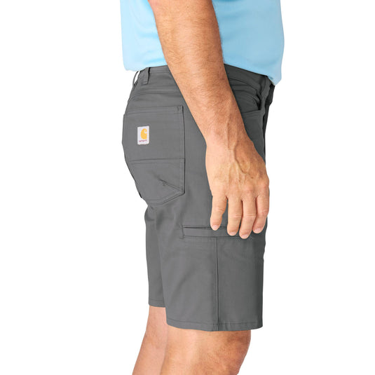 Gray shorts with a brand logo on a white background