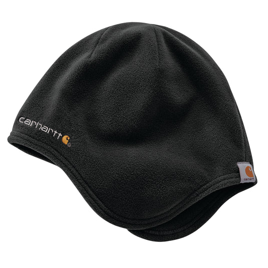 Black fleece beanie with Carhartt logo on a white background