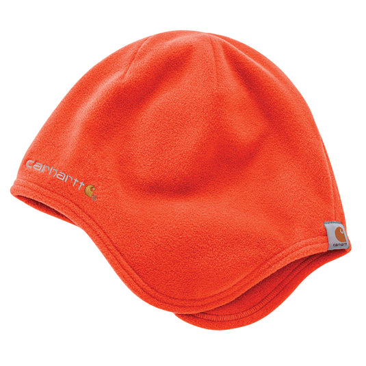 Orange fleece beanie with Carhartt logo on a white background