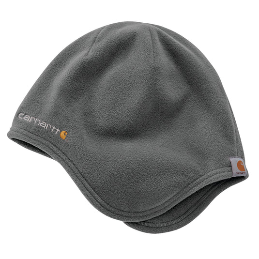 Charcoal gray fleece beanie with Carhartt logo on a white background