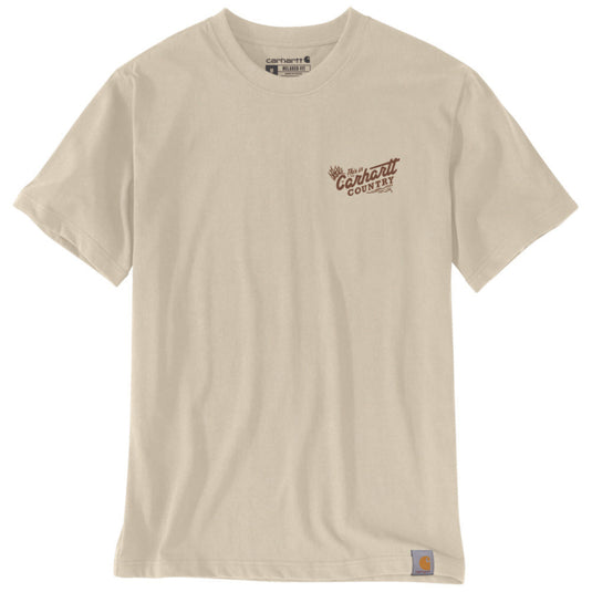 Beige t-shirt with Carhartt logo and text on a white background