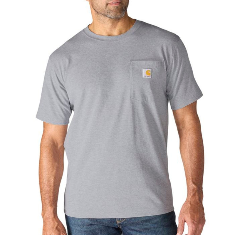 Load image into Gallery viewer, Man wearing a gray t-shirt with a Carhartt logo on a white background
