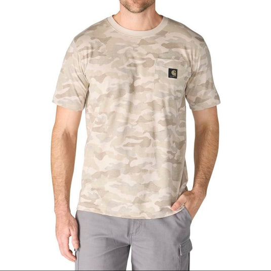 Man wearing a Fossil Tan camouflage t-shirt with a visible Carhartt brand logo on the left chest pocket on a white background
