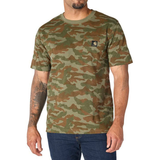 Man wearing a army green camouflage t-shirt with a visible Carhartt brand logo on the left chest pocket on a white background