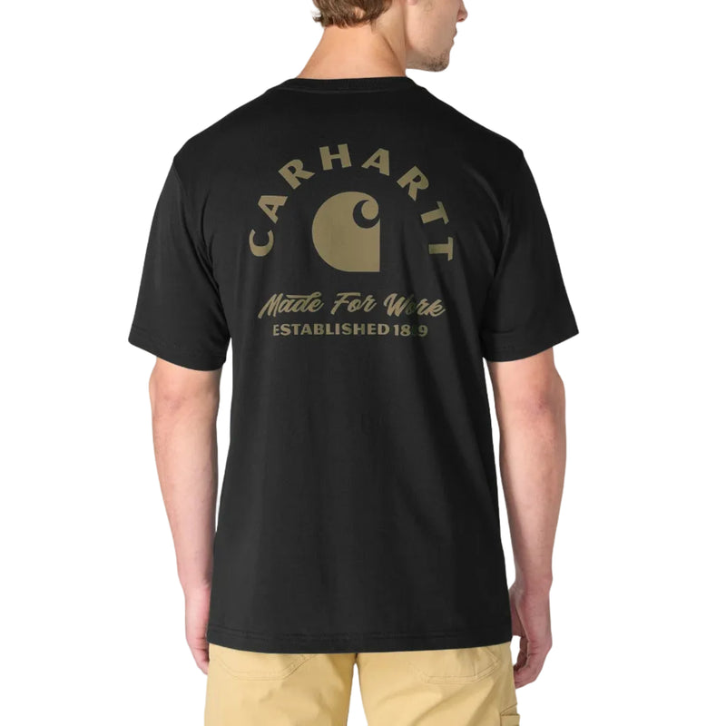 Load image into Gallery viewer, A man viewed from the back wearing a black short-sleeve T-shirt with a large gold Carhartt logo and text printed across the upper back, paired with light tan pants, on a plain white studio background.
