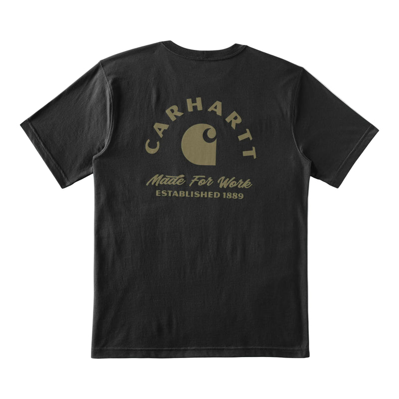 Load image into Gallery viewer, A black short-sleeve t-shirt shown from the back, featuring a distressed gold graphic print of the Carhartt logo, 'Matte For Work' text, and 'ESTABLISHED 1889' on a clean white background.
