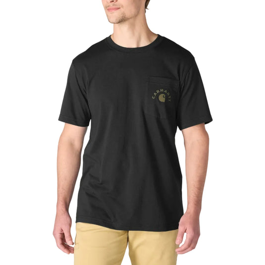 A man wearing a black short-sleeve pocket t-shirt with a small circular logo on the left chest, paired with khaki pants, against a plain white background.