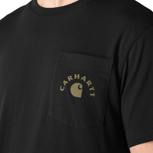 Close-up of a black short-sleeve crewneck t-shirt featuring a left chest pocket with a muted olive green Carhartt logo printed on it.