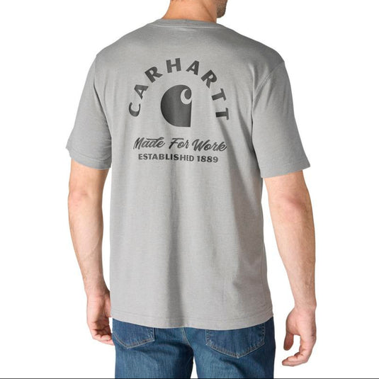 Man wearing a gray Carhartt t-shirt with Carhartt logo and 