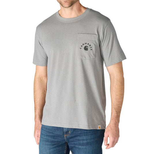 Man wearing a gray t-shirt with a Carhartt logo on the left chest pocket on a white background