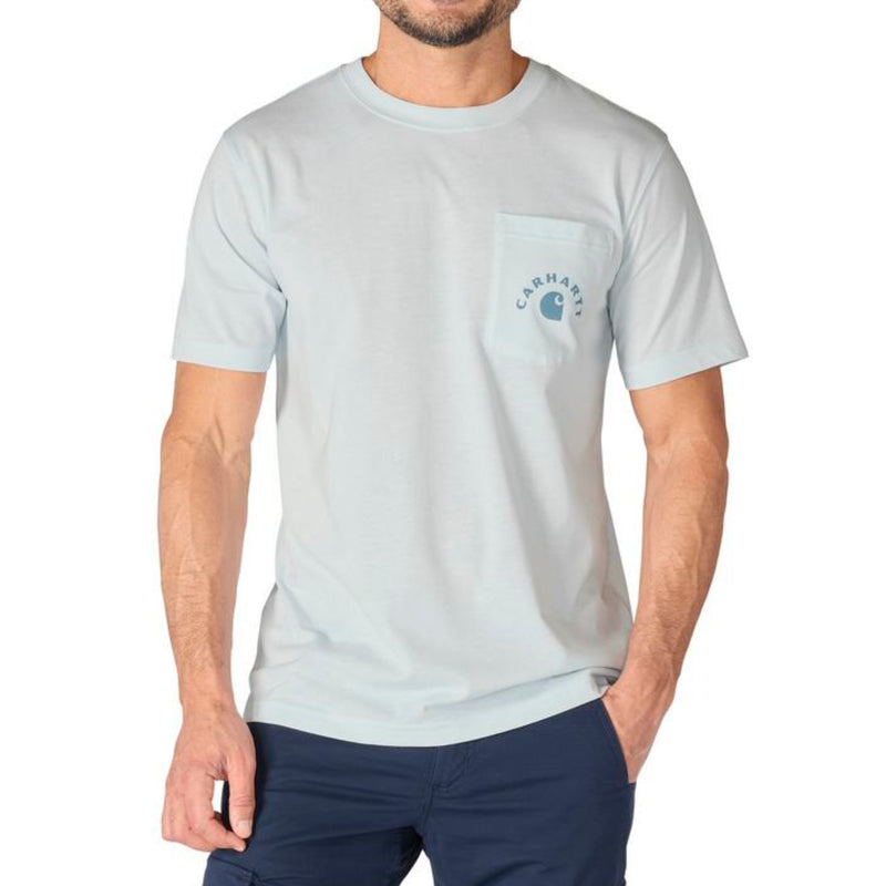 Load image into Gallery viewer, Man wearing a light blue gray t-shirt with a small Carhartt graphic on the left chest pocket on a white background
