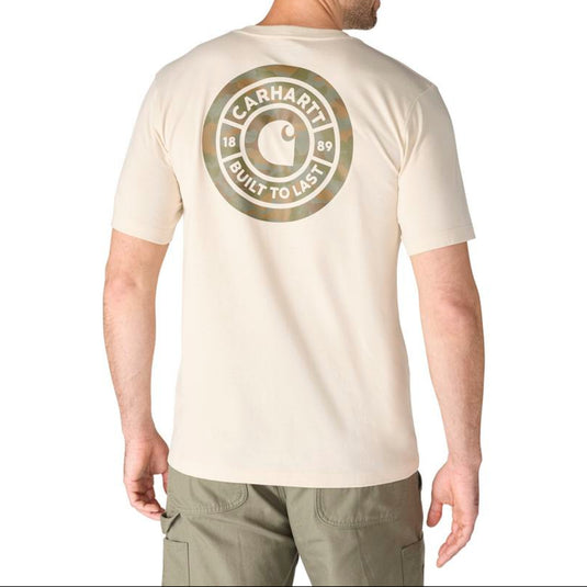 Man wearing a Oat Milk beige t-shirt with Carhartt camo logo on the back against a white background