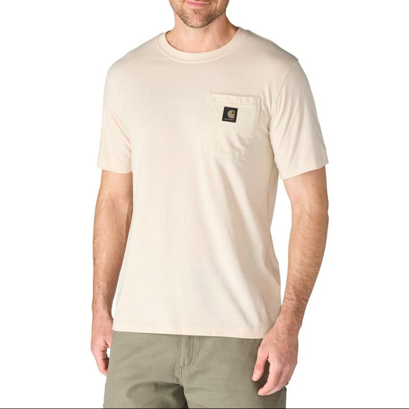 Load image into Gallery viewer, Man wearing a Oat Milk colored t-shirt with a Carhartt logo on the left chest pocket on a white background
