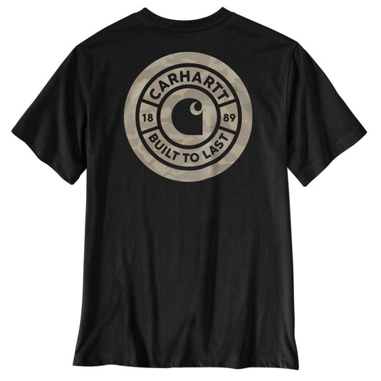 Black t-shirt with camo Carhartt logo and text on the back against a white background