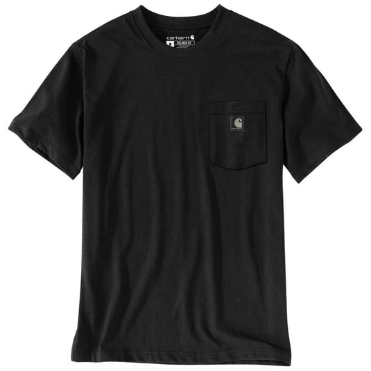 Black t-shirt with a visible army green Carhartt logo on the left chest pocket on a white background