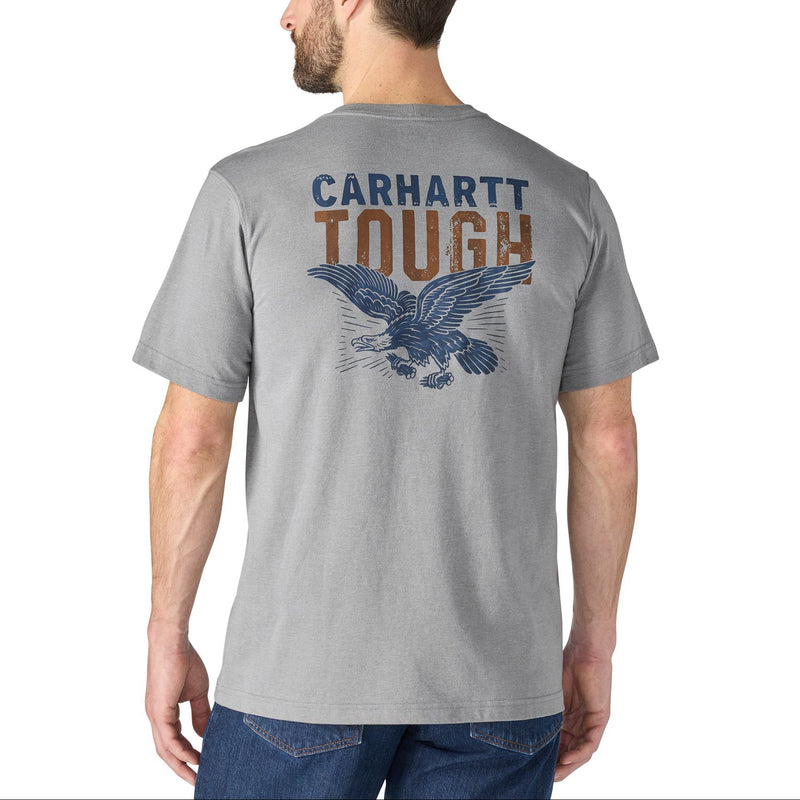 Load image into Gallery viewer, Man wearing a gray Carhartt t-shirt with an eagle logo and 'Tough' text on the back.
