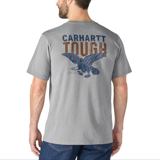 Man wearing a gray Carhartt t-shirt with an eagle logo and 'Tough' text on the back.