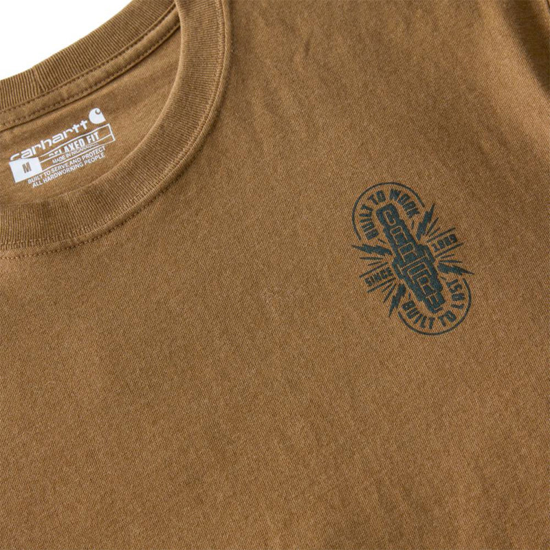 Load image into Gallery viewer, Brown t-shirt with a logo and Carhartt label on a close-up view
