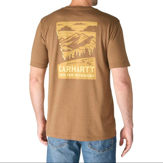 Man wearing a Red Duck Heather Carhartt t-shirt with a mountain graphic on the back on a white background