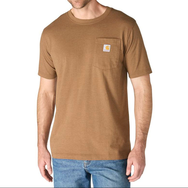 Load image into Gallery viewer, Man wearing a Red Duck Heather t-shirt with a carhartt logo on the left chest pocket on a white background
